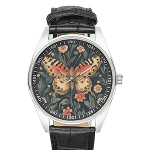 Floral Butterfly Watch: Vintage Style Black Leather Band