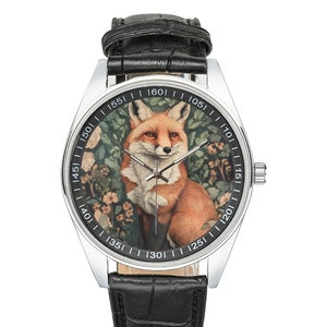 Floral Fox Watch: Vintage Style with Black Leather Band