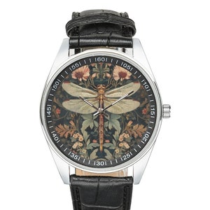 Floral Dragonfly Watch: Vintage Style Black Leather Band