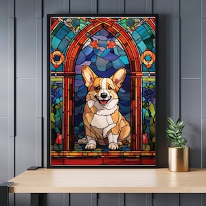 May include: A stained glass window design featuring a corgi dog sitting in a colorful arched frame. The dog is brown, white, and black with a happy expression. The stained glass window is surrounded by a black frame.