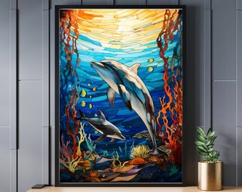 May include: A stained glass style illustration of two dolphins swimming in a blue ocean with coral reefs and fish. The dolphins are gray and blue with white accents. The ocean is a vibrant blue with yellow and orange coral reefs.