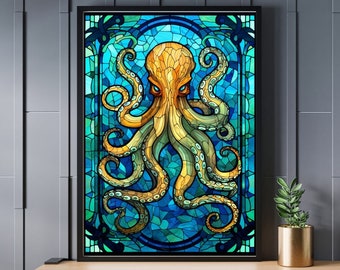 May include: A stained glass artwork depicting an octopus with yellow and green tentacles against a blue and green background.