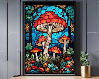 Op de afbeelding: Een illustratie in de stijl van glas-in-lood met rode en oranje paddenstoelen met blauw en groen gebladerte. De paddenstoelen zijn in een groep gerangschikt met de grootste paddenstoel in het midden.