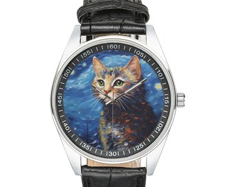 Starry Night Exotic Cat Watch: Black Leather Band, Unisex Style