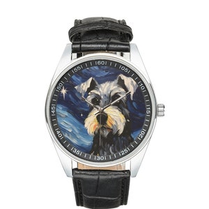 Starry Night Miniature Schnauzer Watch: Black Leather Band