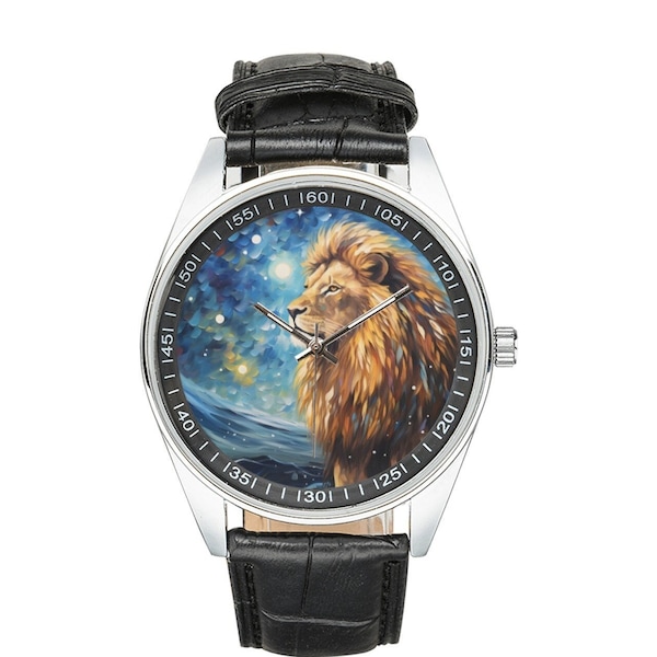 Starry Night Lion Watch with Black Leather Band, Watches for Men and Women - Perfect Gift for Lion Lovers