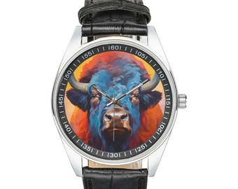 Modernist Bison Uhr mit schwarzem Lederband, Uhren für Herren und Damen - Perfektes Geschenk für Bison Liebhaber