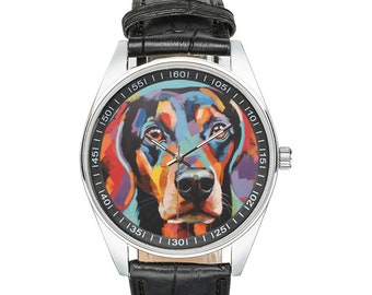 Montre teckel moderniste avec bracelet en cuir noir, montres pour hommes et femmes - Cadeau parfait pour les amateurs de teckels
