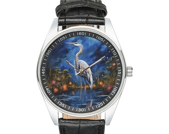 Starry Night Crane Watch: Stainless Steel Case, Black Leather Band