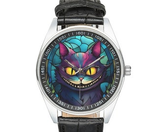 Vintage Disney Alice in Wonderland Cheshire Cat Watch Genuine Leather Alice in Wonderland Cheshire Cat Leather Watch, Alice in  main image 2