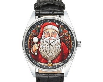 Buntglas Weihnachtsmann Armbanduhr: Schwarzes Lederband, Silberfarbenes Gehäuse