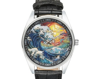 Stained Glass The Great Wave Off Kanagawa Watch with Black Leather Band, Watches for Men and Women - Perfect Gift for Great Wave Lovers
