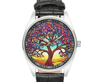 Stained Glass Tree of Life Watch: Black Leather Band