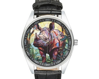 Stained Glass Rhinoceros Watch: Black Leather Band, Animal Lover Gift