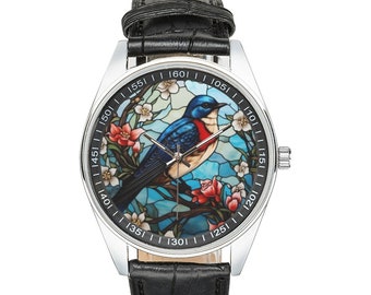 Bemalte Glasschwalbenuhr: Schwarzes Lederband, Geschenk für Vogelliebhaber
