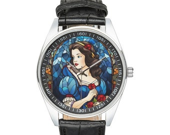 Stained Glass Princess Snow White Watch with Black Leather Band, Watches for Men and Women - Perfect Gift for Princess Snow White Lovers