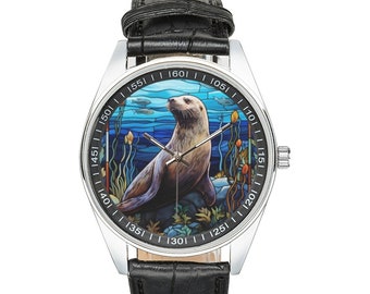Stained Glass Seal Watch: Black Leather Band, Silver-Tone Case