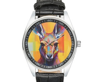 Montre kangourou moderniste avec bracelet en cuir noir, montres pour hommes et femmes - Cadeau parfait pour les amateurs de kangourous
