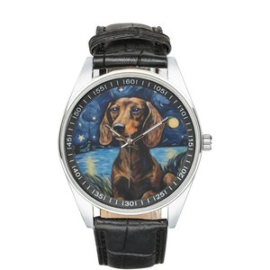 Starry Night Dachshund Watch: Black Leather Band, Dog Lover Gift