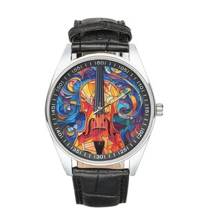 Stained Glass Violin Watch: Black Leather Band, Silver-Tone Case