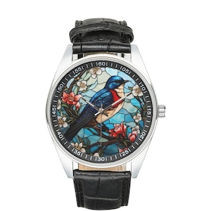 Stained Glass Swallow Watch: Black Leather Band, Bird Lover Gift