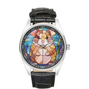 May include: A silver wristwatch with a black leather band features a colorful stained glass design of a hamster on the face. The watch face has black numbers around the edge.