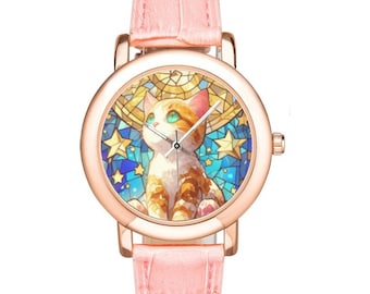 Reloj Cat: Bisel de oro rosa, correa de cuero rosa - Estilo gótico pastel