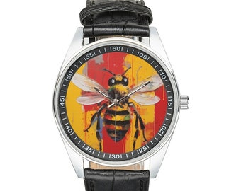 Modernist Bee Armbanduhr mit schwarzem Lederband, Uhren für Männer und Frauen - Perfektes Geschenk für Bienenliebhaber