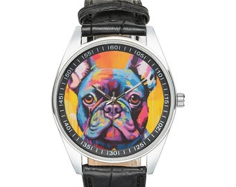 Modernist Französische Bulldogge Uhr mit schwarzem Lederband, Uhren für Herren und Damen - Perfektes Geschenk für Liebhaber Französischer Bulldogge