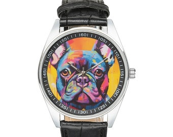 Montre bouledogue français moderniste avec bracelet en cuir noir, montres pour homme et femme - Cadeau parfait pour les amateurs de bouledogue français