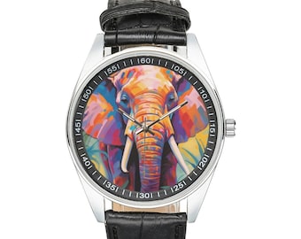 Modernist Elephant Watch: Black Leather Band, Animal Art