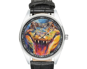Modernistische Alligatoruhr mit schwarzem Lederband, Uhren für Männer und Frauen – perfektes Geschenk für Alligatorliebhaber