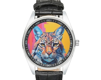 Montre lynx moderniste avec bracelet en cuir noir, montres pour hommes et femmes - Cadeau parfait pour les amateurs de lynx