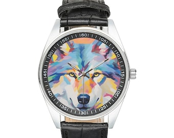 Montre moderniste loup arctique avec bracelet en cuir noir, montres pour homme et femme - Cadeau parfait pour les amateurs de loup arctique