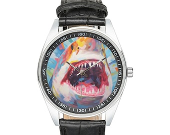 Montre requin moderniste avec bracelet en cuir noir, montres pour hommes et femmes - Cadeau parfait pour les amoureux des requins