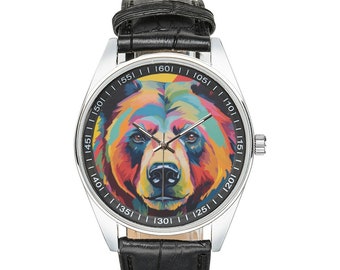 Modernistisch berenhorloge: kleurrijke berenkunst, zwarte leren band