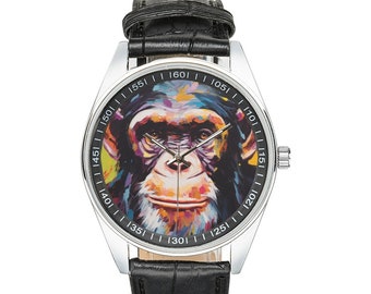 Montre chimpanzé moderniste avec bracelet en cuir noir, montres pour hommes et femmes - Cadeau parfait pour les amateurs de chimpanzés