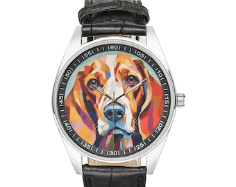 Montre Beagle moderniste avec bracelet en cuir noir, montres pour hommes et femmes - Cadeau parfait pour les amateurs de beagle