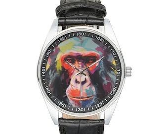 Modernist Pavian Uhr mit schwarzem Lederband, Uhren für Männer und Frauen - Perfektes Geschenk für Pavian Liebhaber