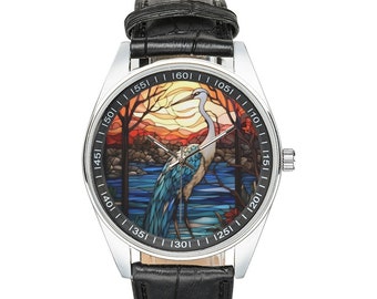 Stained Glass Crane Watch: Black Leather Band, Bird Lover Gift
