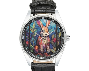 Reloj de conejo de vidrieras con correa de cuero negro, relojes para hombres y mujeres, regalo perfecto para los amantes de los conejos