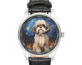 Reloj Shih Tzu Noche Estrellada: Correa de cuero negro, regalo para amantes de los perros.