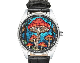 Stained Glass Mushroom Watch: Black Leather Band, Stainless Steel Case