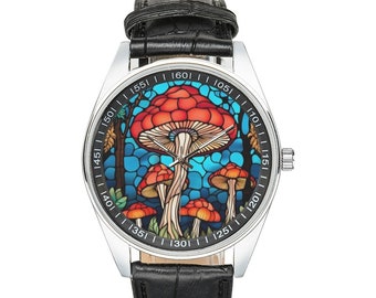 Stained Glass Mushroom Watch with Black Leather Band, Watches for Men and Women - Perfect Gift for Mushroom Lovers