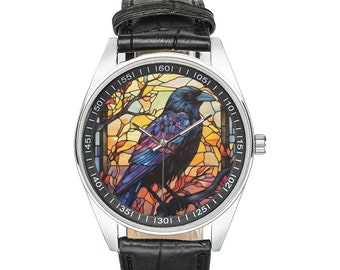 Reloj de cuervo de vidrieras con correa de cuero negro, relojes para hombres y mujeres, regalo perfecto para los amantes de los cuervos