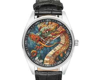 Stained Glass Chinese Dragon Watch: Black Leather Band