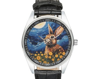 Starry Night Rabbit-horloge: zwarte leren band, uniseks ontwerp