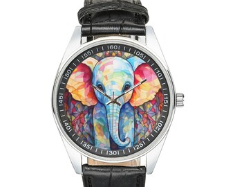 Stained Glass Baby Elephant Watch: Black Leather Band, Silver Tone Case
