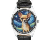 Wristwatch Pomeranian Faced with Leather Strap Stained Glass German Spitz Watch: Black Leather Band, Dog  main image 4