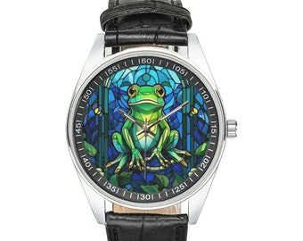 Stained Glass Frog Armbanduhr: Schwarzes Lederband, Edelstahlgehäuse